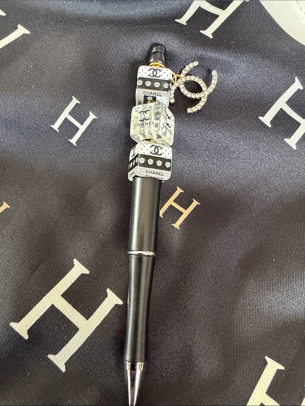 Black Pen with  Accent Beads and Crystal  Charm